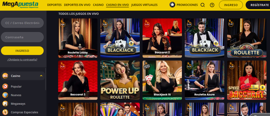 Juegos de cartas en vivo en MegApuesta casino Colombia